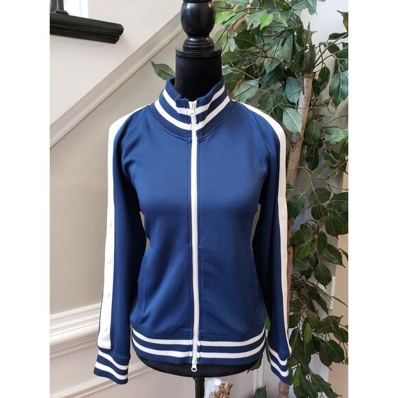 Half Heart Track Jacket Womens M Navy Ribbed Hem & Cuff Cold Shoulder Zip Front - Picture 2 of 13